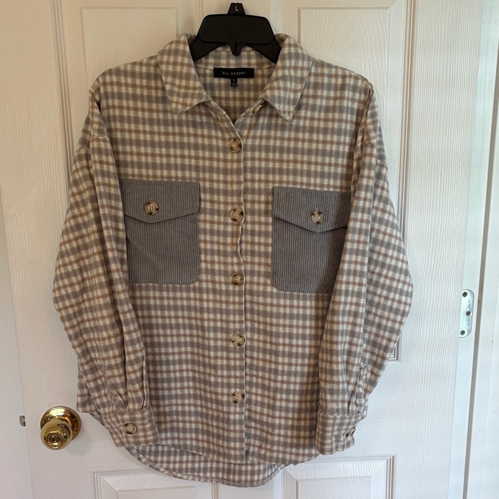 New York & Company Plaid Button Down Shirt - Beige and Gray